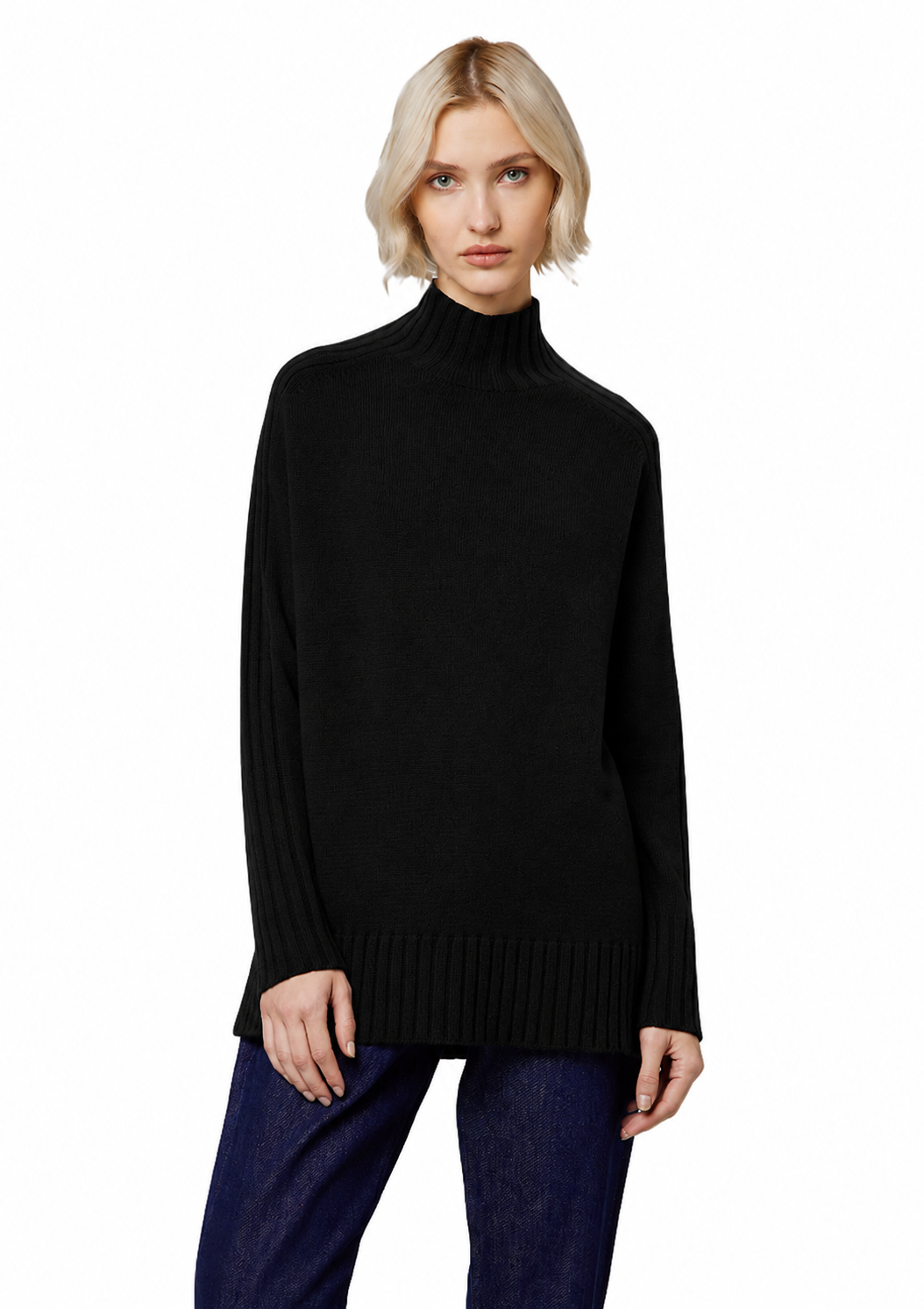 Alpha Studio Women High Neck Coste Mix Sweaters Black