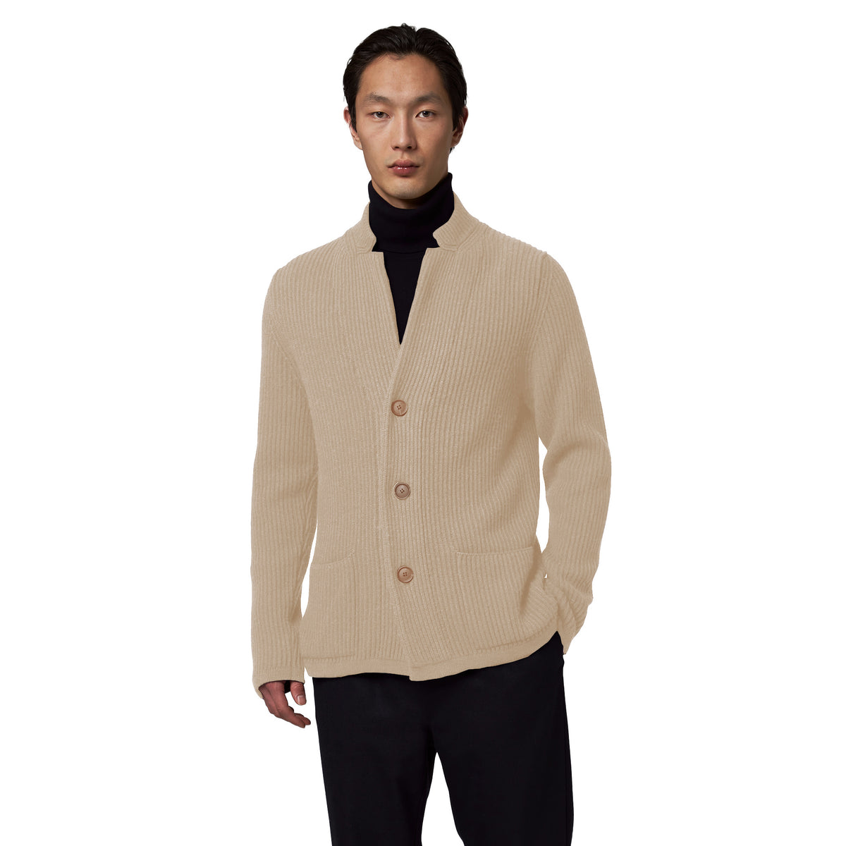 Alpha Studio Men Jacket Lapel Knit English Rib Beige