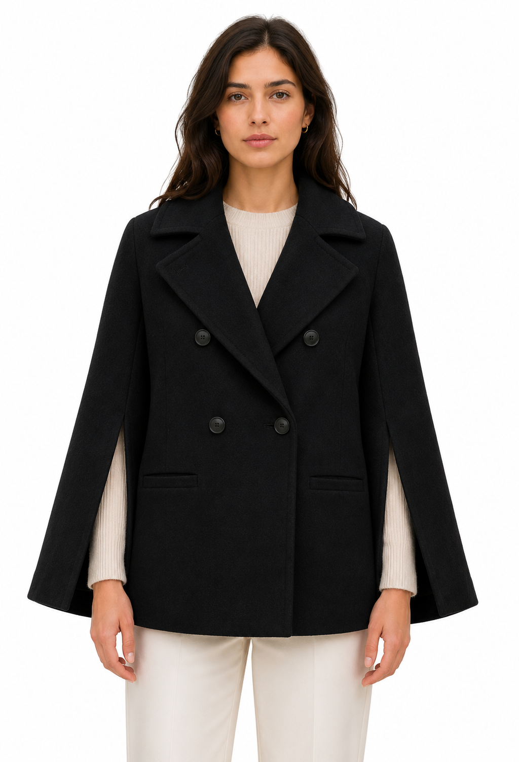 Loro Piana Fabric Women Peacoat Double-Breasted Kimono Coats Black