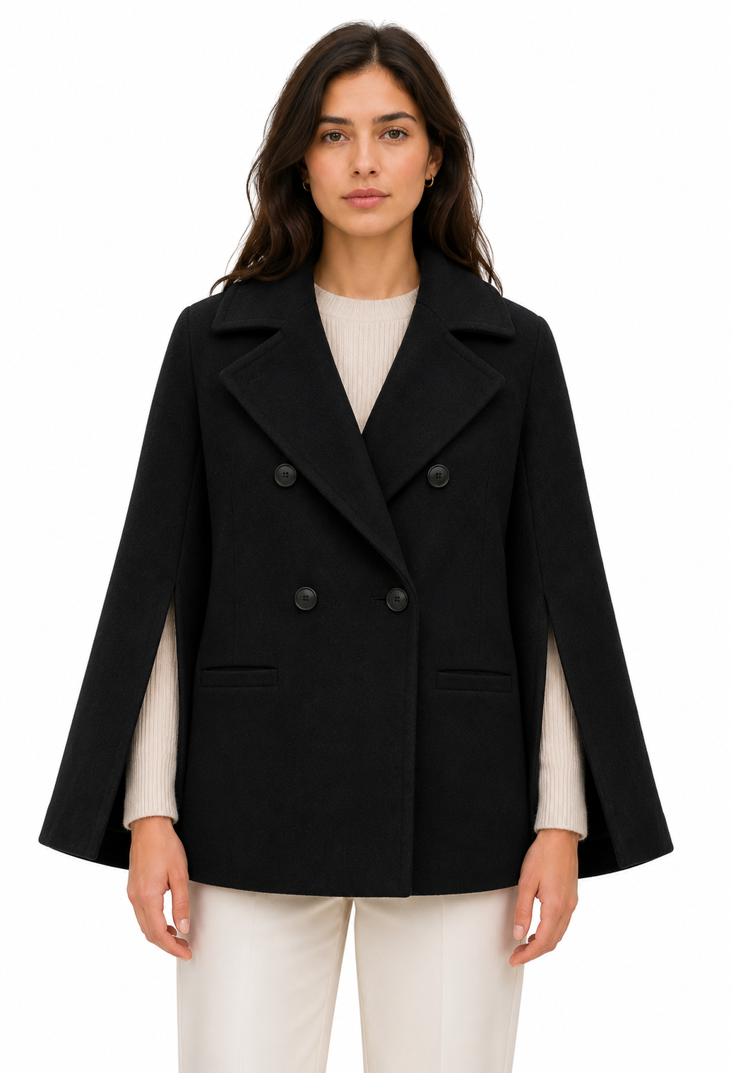 Loro Piana Fabric Women Peacoat Double-Breasted Kimono Coats Black