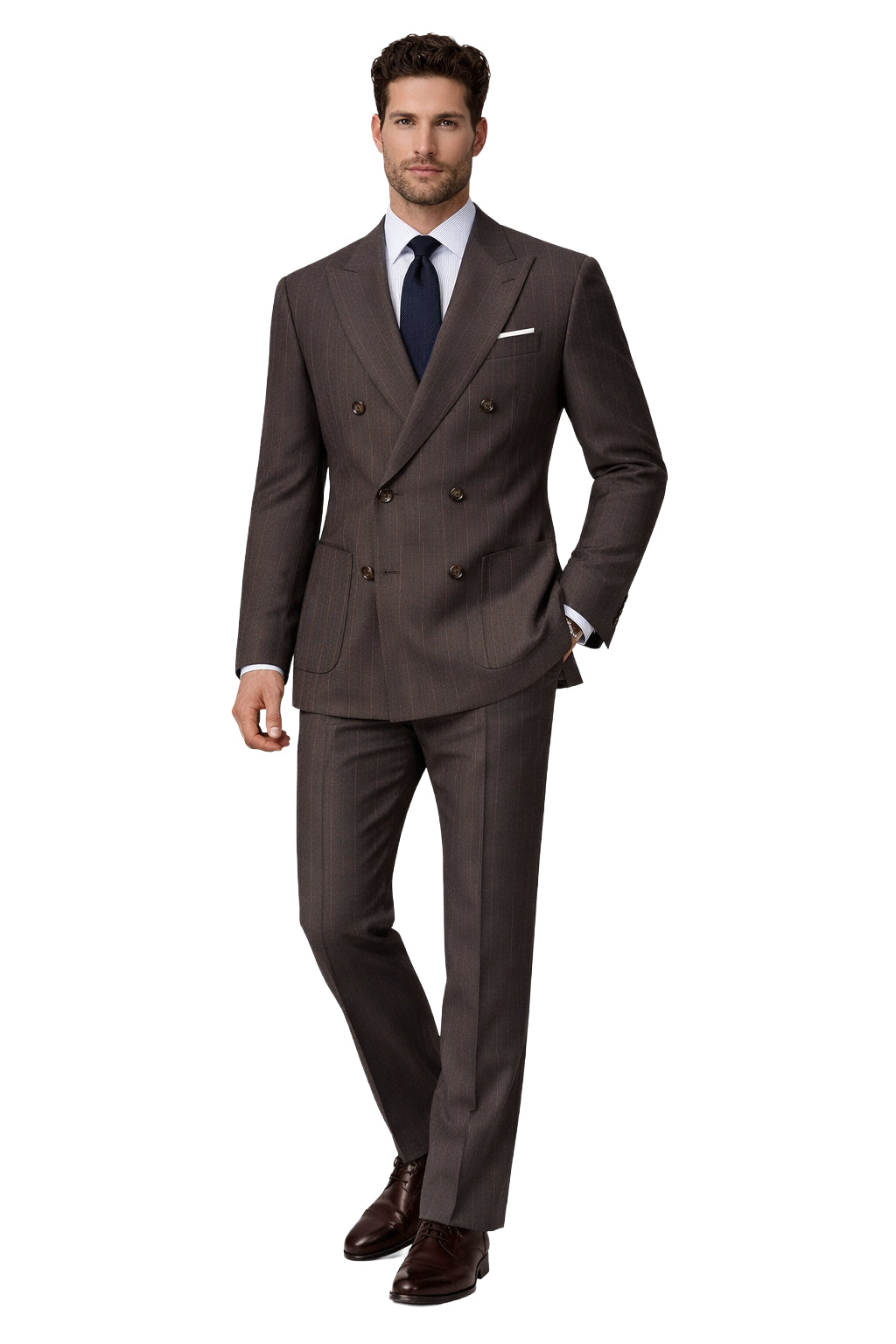 Loro Piana Fabric Men Suit Double-Breasted Pinstripe Brown