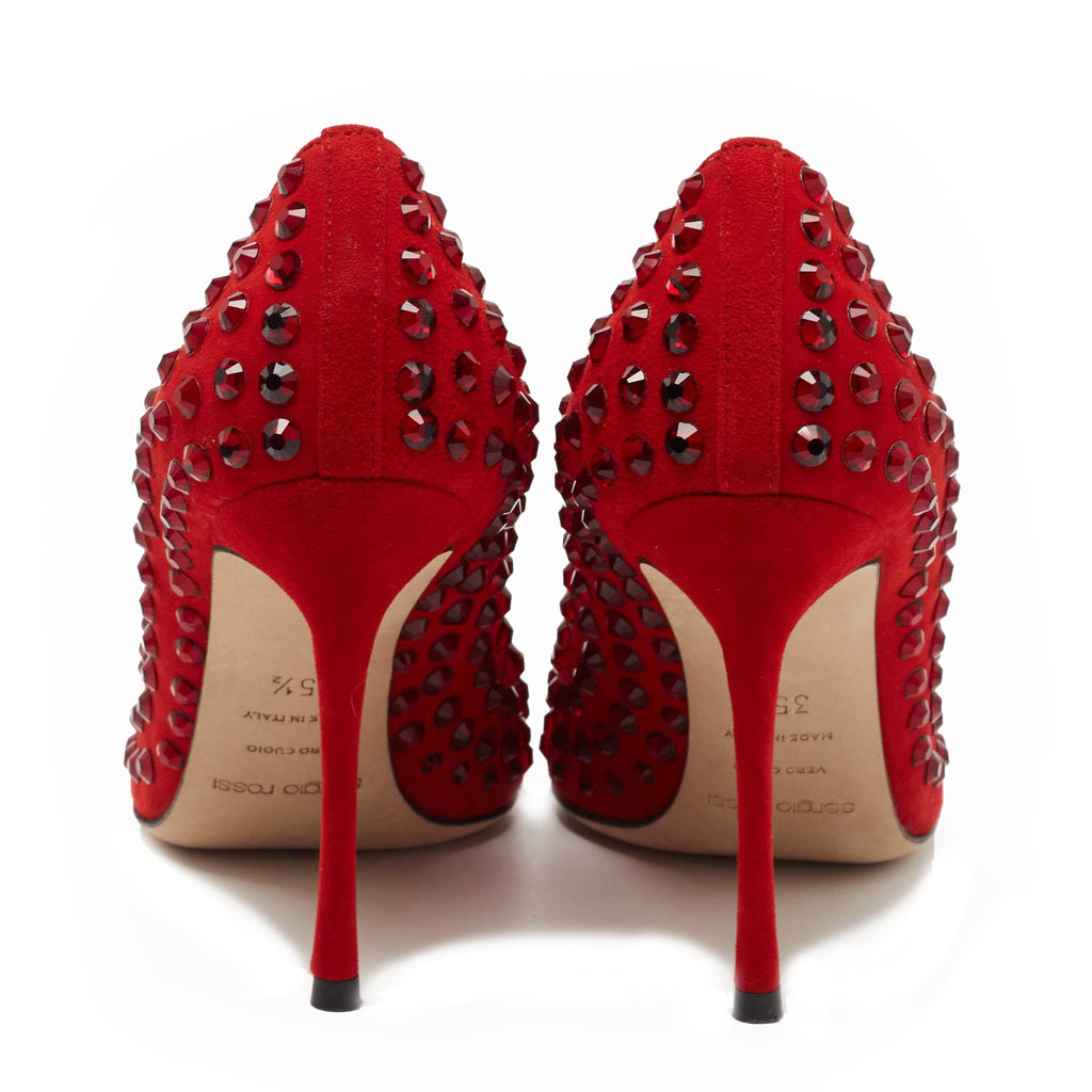 Sergio Rossi Women Suede Studded Pointed Strass Pumps Heels Red