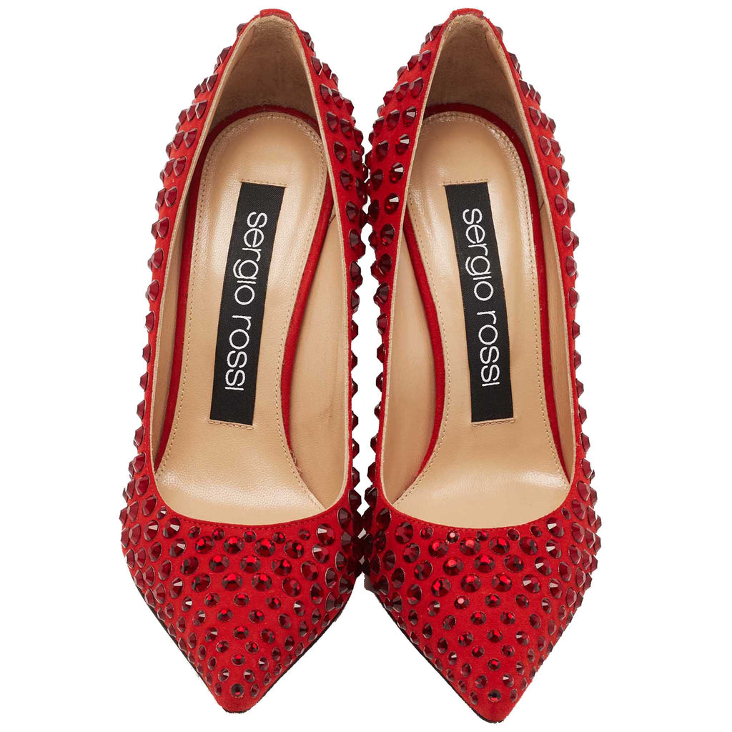 Sergio Rossi Women Suede Studded Pointed Strass Pumps Heels Red
