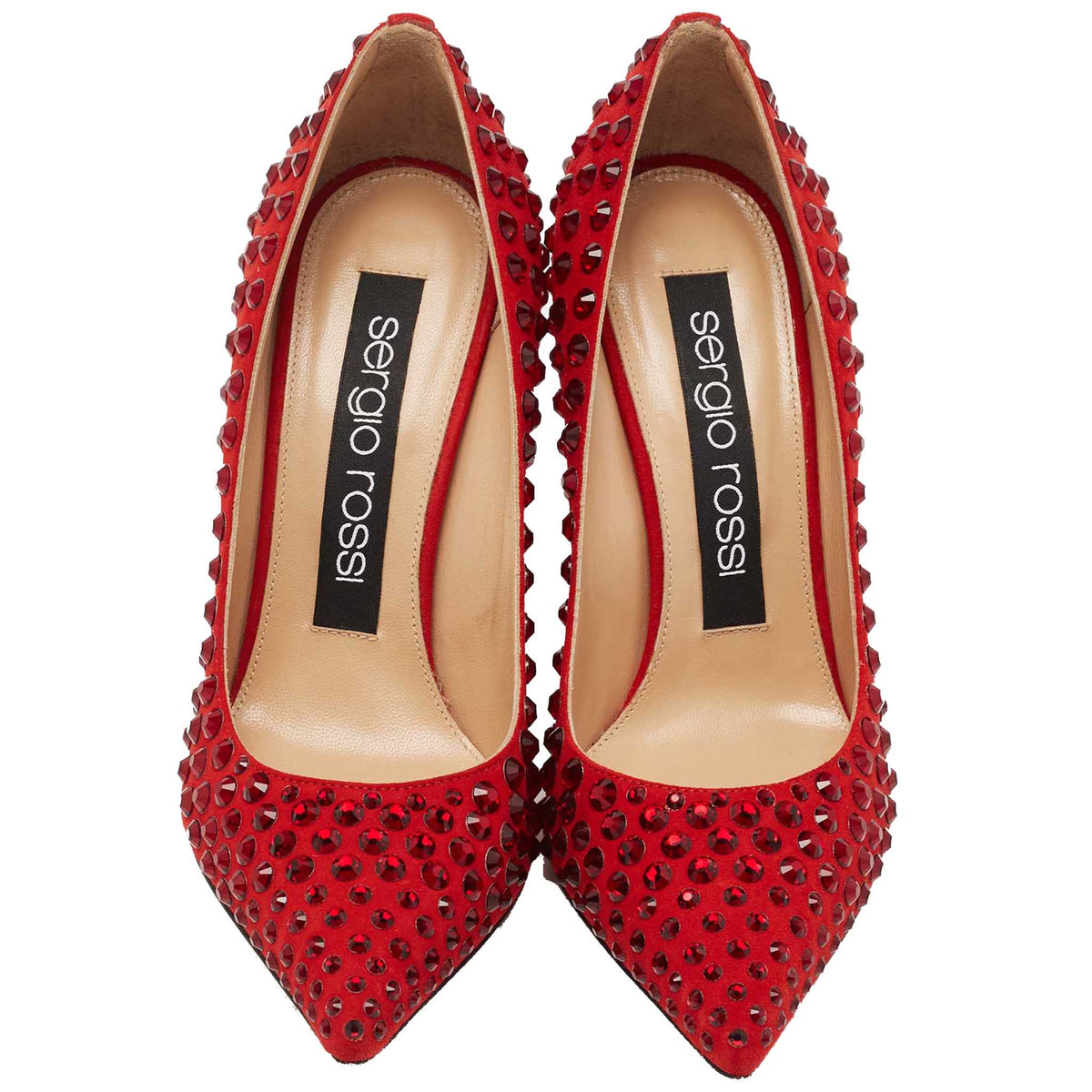 Sergio Rossi Women Suede Studded Pointed Strass Pumps Heels Red