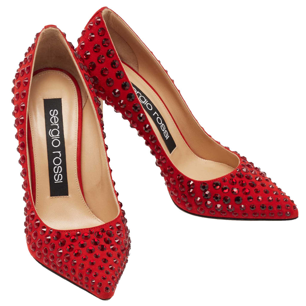 Sergio Rossi Women Suede Studded Pointed Strass Pumps Heels Red