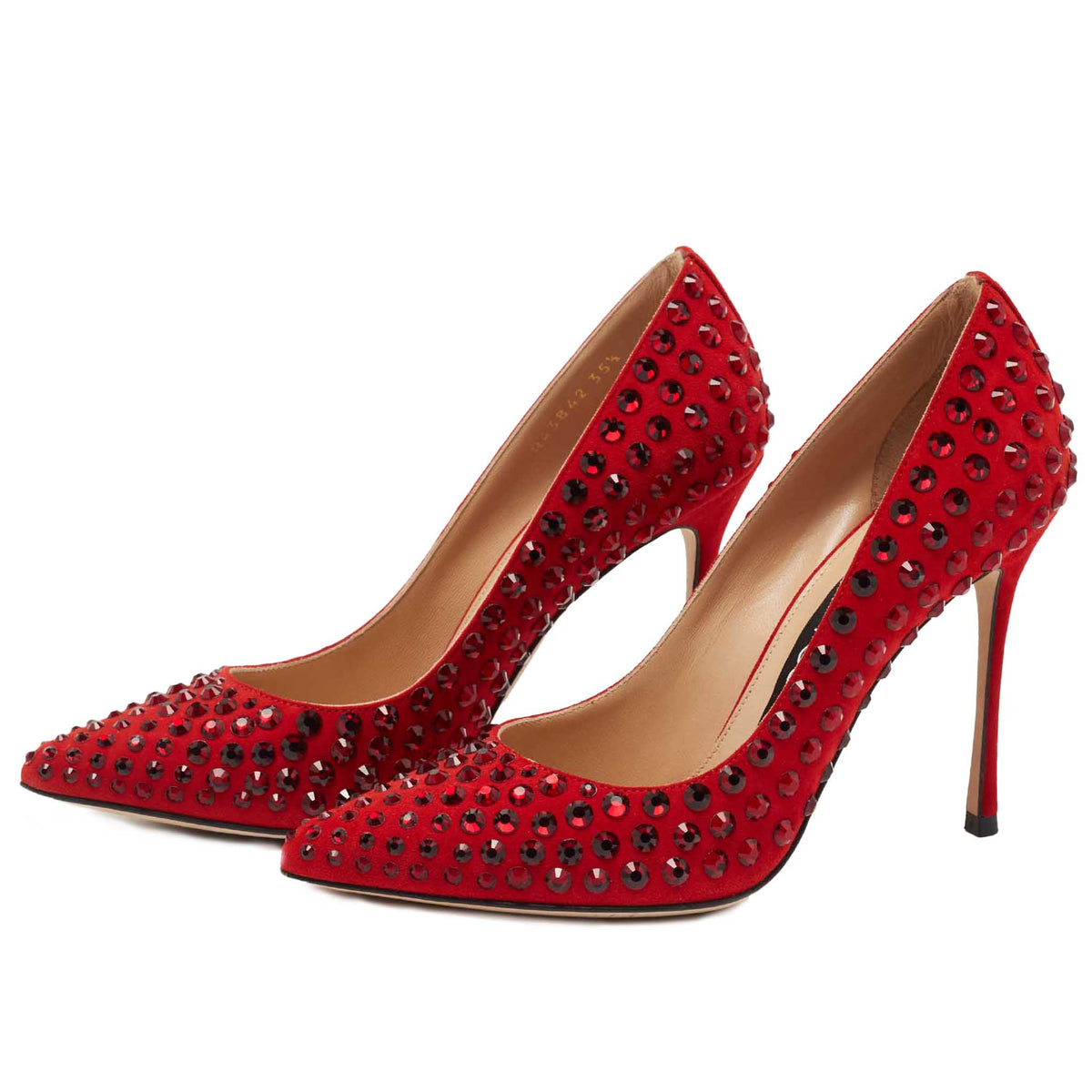 Sergio Rossi Women Suede Studded Pointed Strass Pumps Heels Red