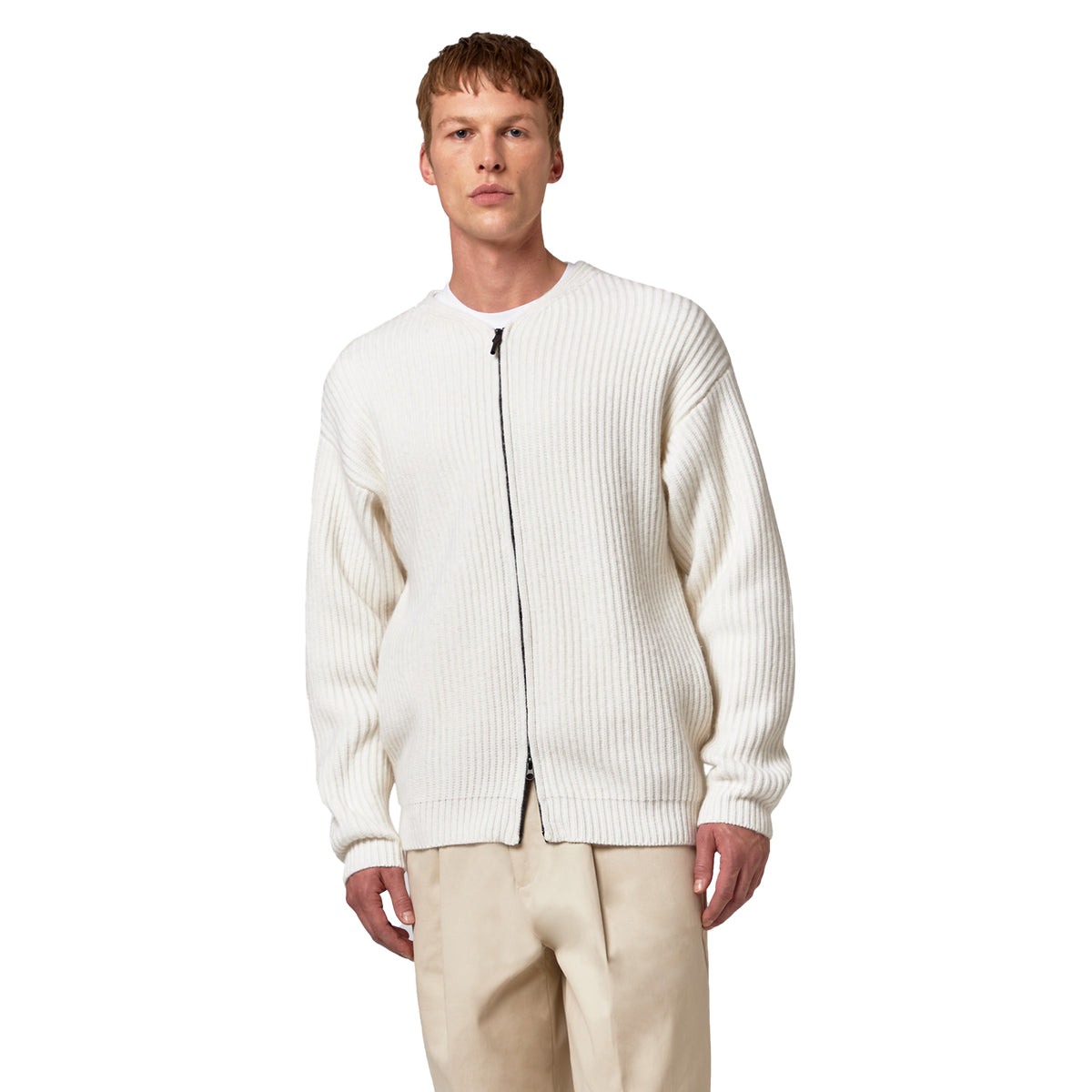 Alpha Studio Men Blouson Zip English Rib Sweaters White