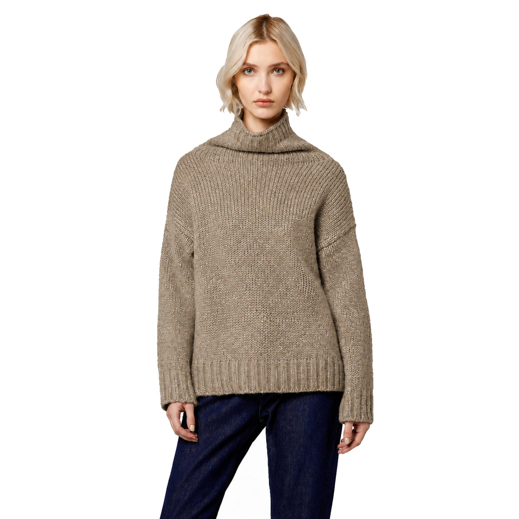 Alpha Studio Women Neck Piedi Soft Shiny Poncho Beige