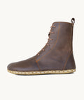 Earth women's barefoot leather tall lace-up boot, side view — hand-stitched, zero drop