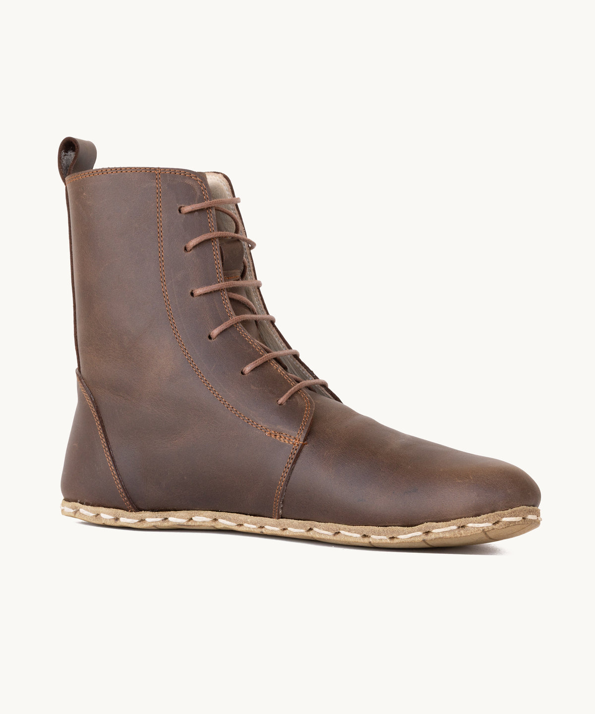 Earth men's barefoot leather tall lace-up boot, side view — hand-stitched, zero drop
